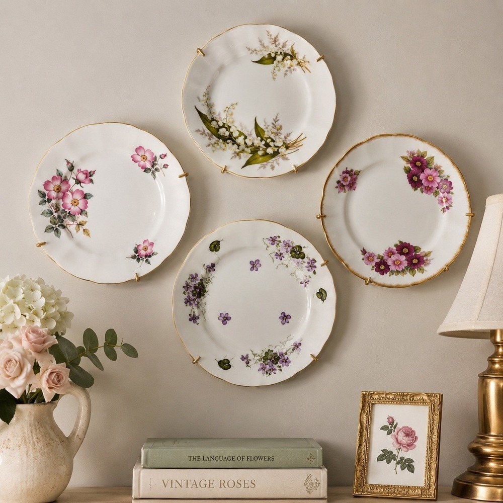 Adderley Salad Plates‎ Women White Floral Gold Rim Fine Bone China Set of 4